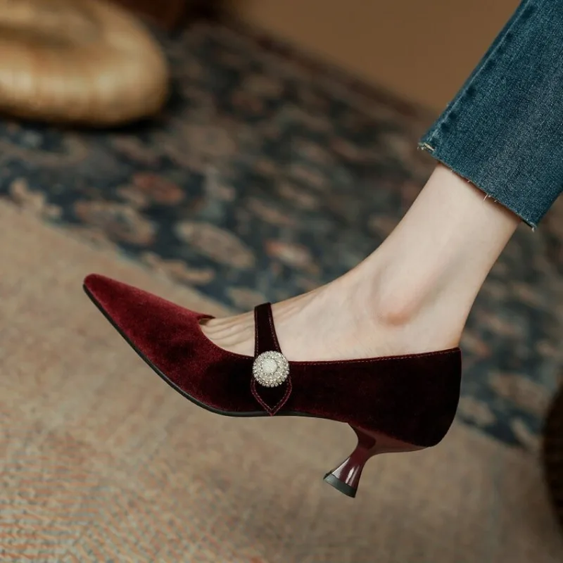 Mary Jane Shoes - Wine Red Pointed Toe Mary Jane