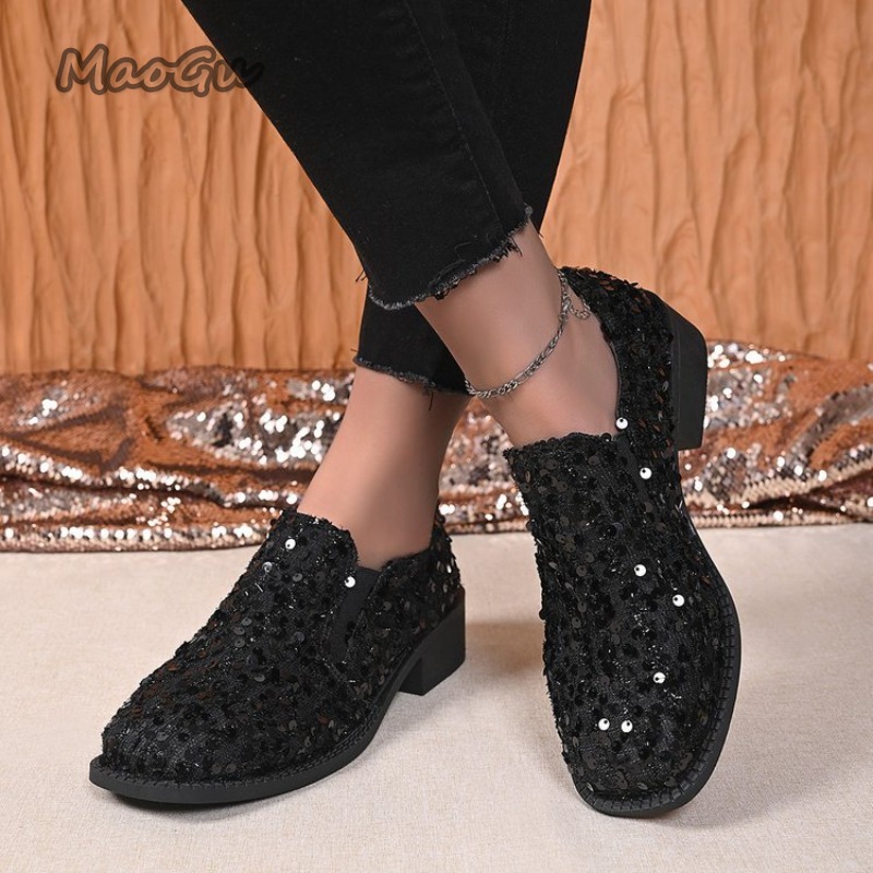 Women'S Shoes Loafers Black - Black Sequins Women's Loafers Slip-on Mid-heel